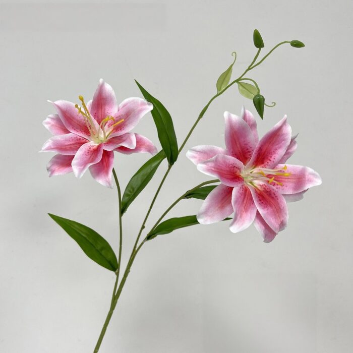Two heads of pink faux lilies, perfect artificial flower arrangement for wedding decor.