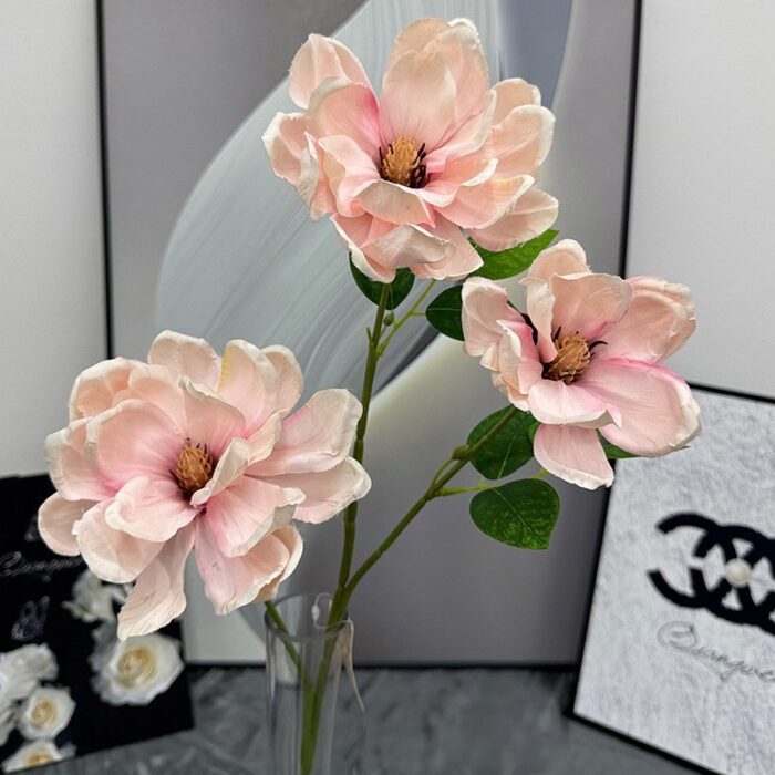 Three realistic silk magnolia heads bouquet, ideal for faux wedding floral décor.