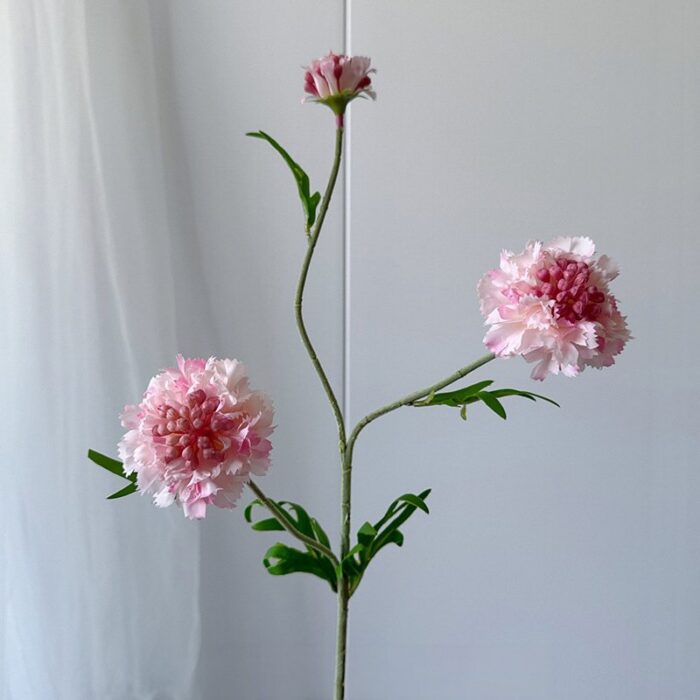 Three pink silk scabiosa blooms, perfect faux wedding flowers for lasting decor.