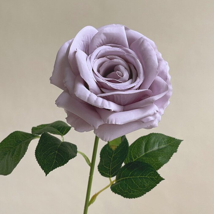 Light purple faux silk rose bloom, ideal for decorative floral arrangements and wedding decor.