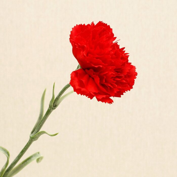 Realistic single red artificial carnation bloom on a green stem.