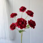 Set of six deep red silk artificial roses, perfect for faux wedding flowers arrangements.