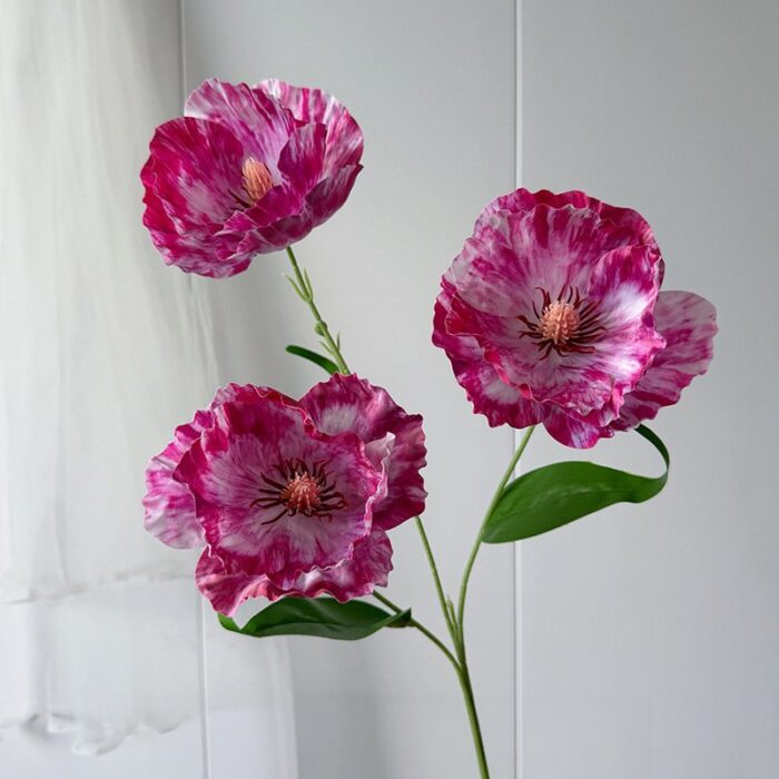 Three 3D silk corn poppies, realistic artificial flower bouquet for wedding decor.