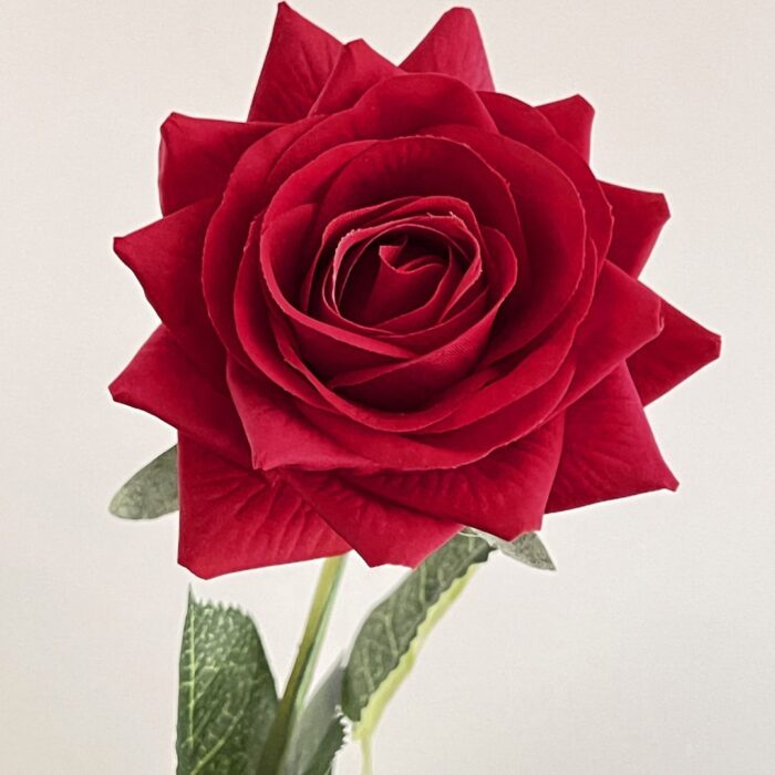 Vibrant red artificial flower rose, perfect for faux wedding flowers and decor.
