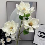 Three realistic faux silk magnolia blooms, a perfect artificial flower bouquet for wedding decor.