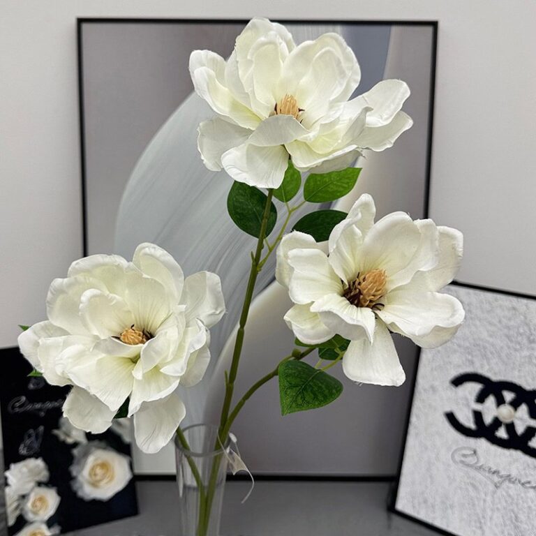 Three realistic faux silk magnolia blooms, a perfect artificial flower bouquet for wedding decor.