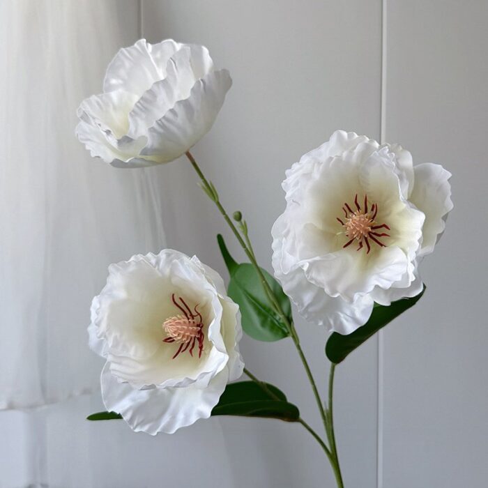 Realistic 3D Silk Poppy Bouquet - Faux Wedding Floral Arrangement Three white 3D silk poppies, perfect faux wedding flowers for floral arrangements.