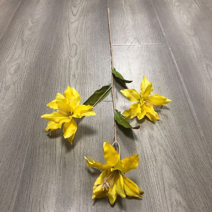 Three yellow silk lily faux wedding flowers on a stem, perfect artificial flower decoration.