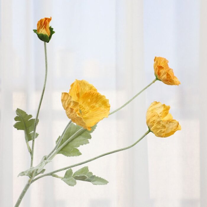 Realistic faux wedding flowers featuring bright orange corn poppies on stems for floral arrangements.