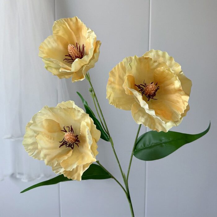 Artificial flower set of three realistic yellow silk poppies for wedding decoration