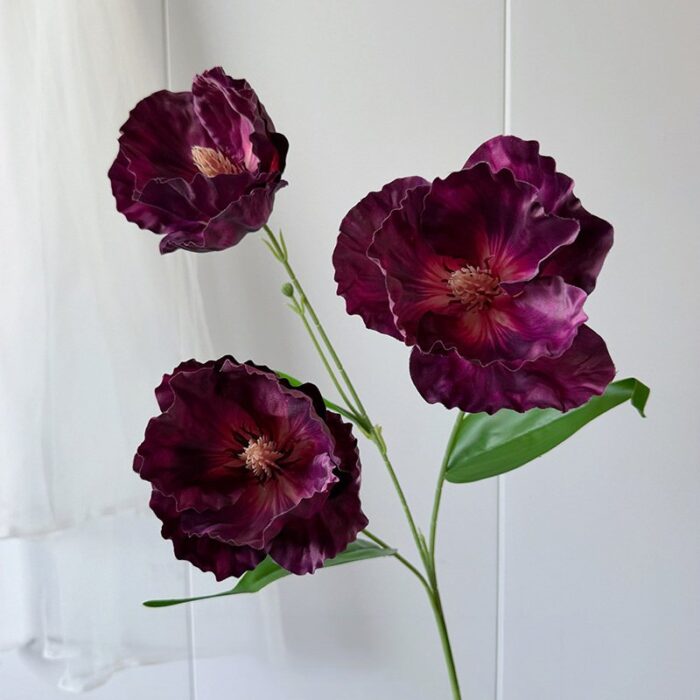 3D silk poppy bouquet featuring three deep purple faux blooms ideal for wedding decor.