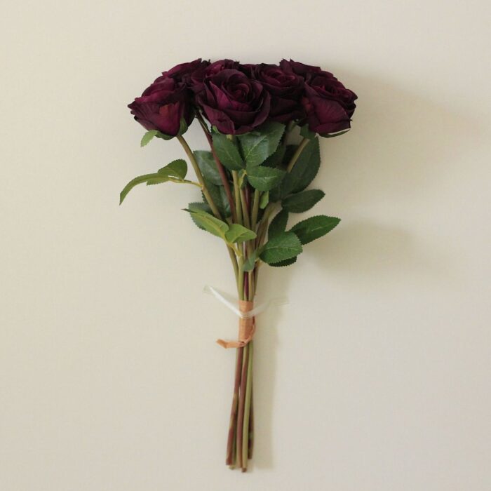 Deep purple silk rose bouquet, perfect faux wedding flowers, artificial floral decor.