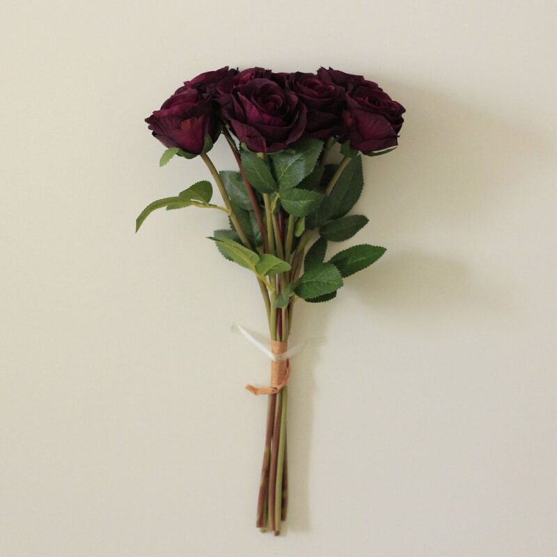 Deep purple silk rose bouquet, perfect faux wedding flowers, artificial floral decor.