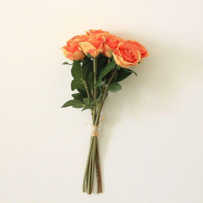 Silk rose bouquet of 8 orange blooms, perfect faux wedding flowers for decor.