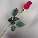 Single red artificial rose bud stem with detailed green leaves and realistic thorny stem on a gray background.