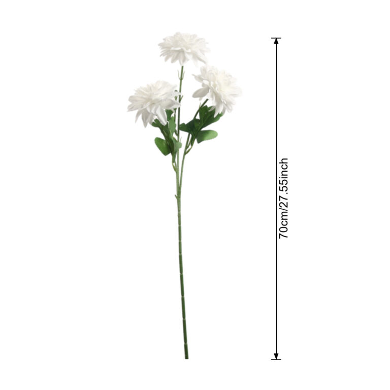 White artificial chrysanthemum stem with three blooms and green leaves, 70cm.