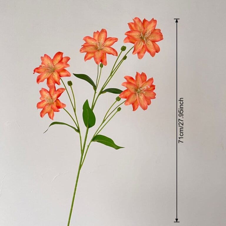 Cluster of realistic faux wedding flowers, featuring bright orange silk artificial lilies.