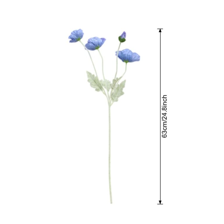 Artificial corn poppy bouquet featuring blue faux flowers for wedding decor.