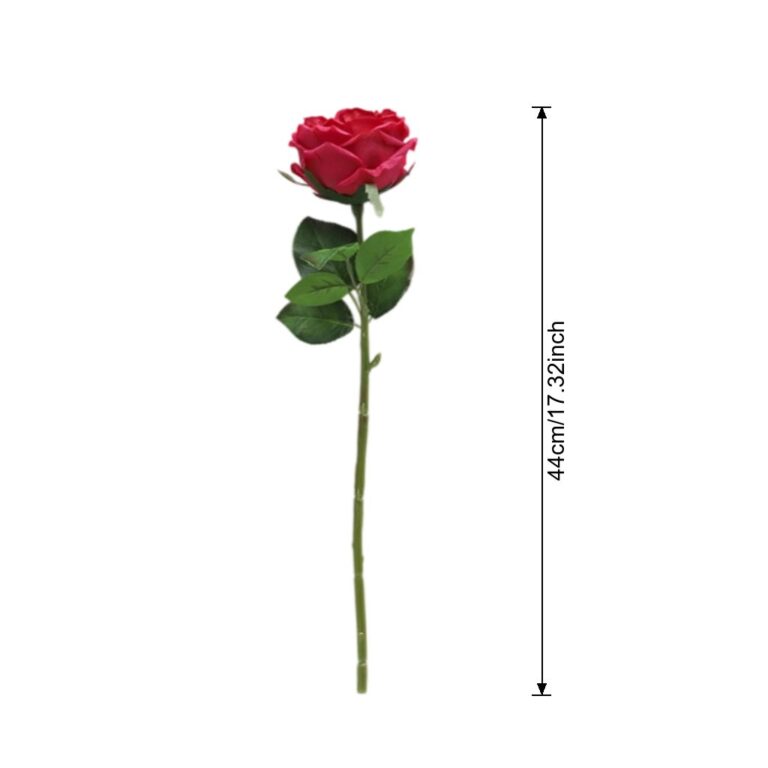 Single red faux rose stem, suitable for wedding bouquets and decor.