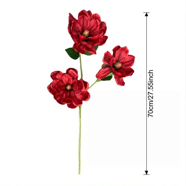 Realistic deep red faux magnolia cluster perfect for floral arrangements and wedding décor.