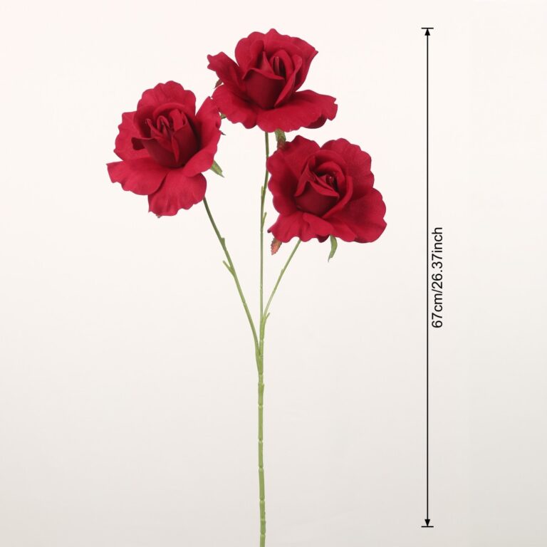 Artificial dark red rose stem with dimension markers showing a height of 67cm or 26.37 inches.